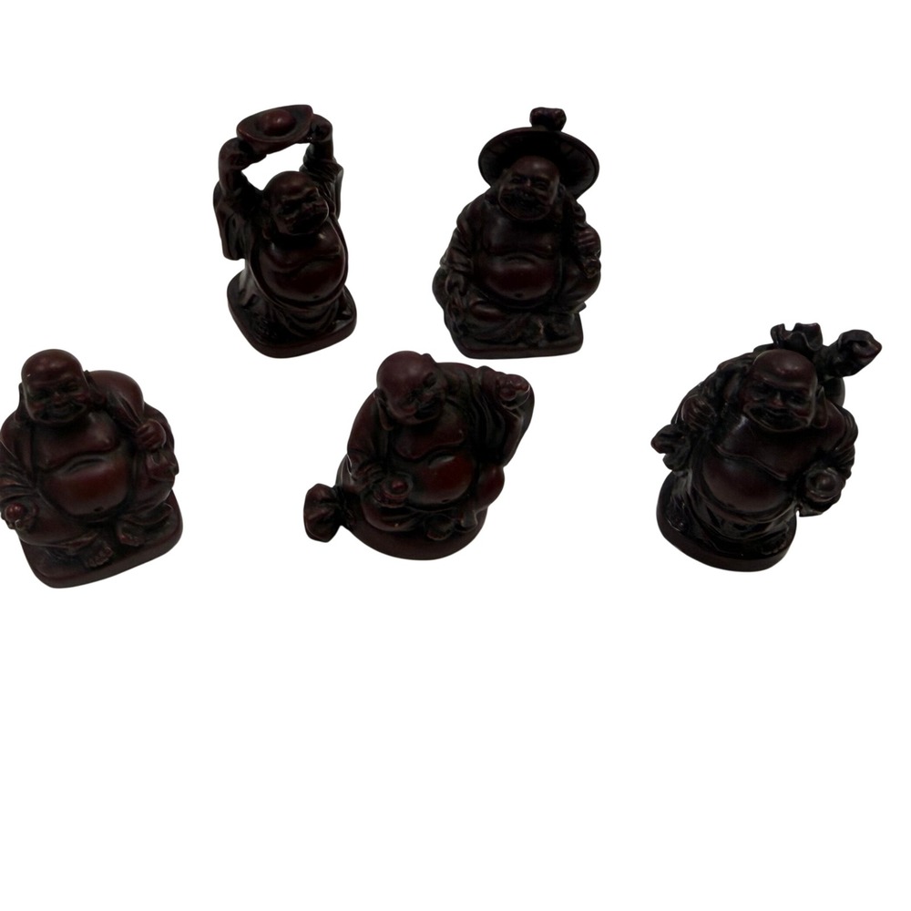 Set of 5 Miniature Laughing Buddha Figurines Dark Red Resin Hotei Statues